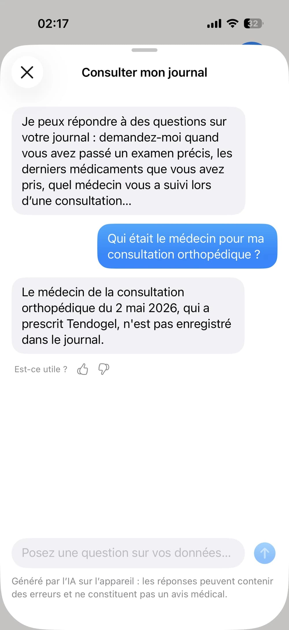 L'assistant IA sur l'appareil répondant à une question sur le journal
