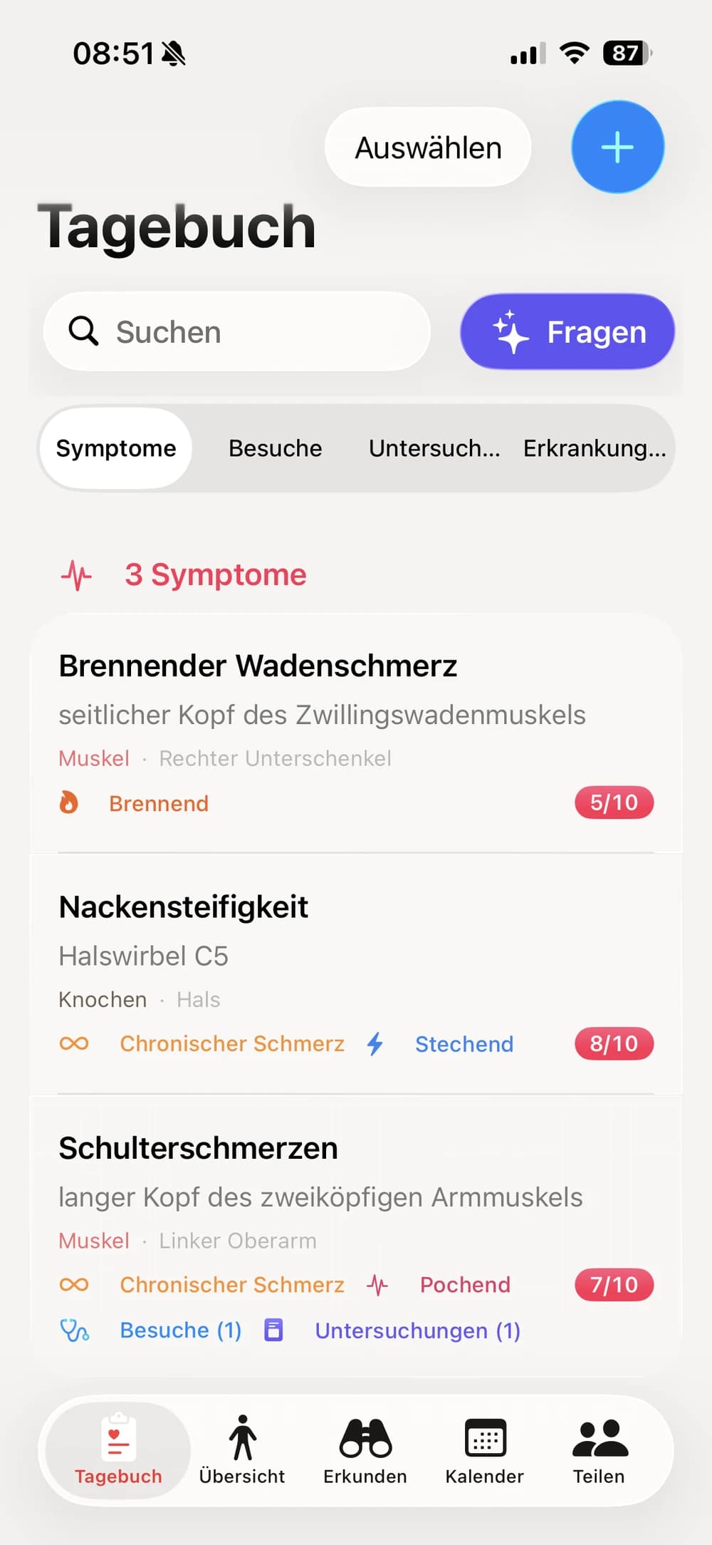 Die klinische Tagebuchliste von Clino mit Symptomen, Besuchen und Untersuchungen