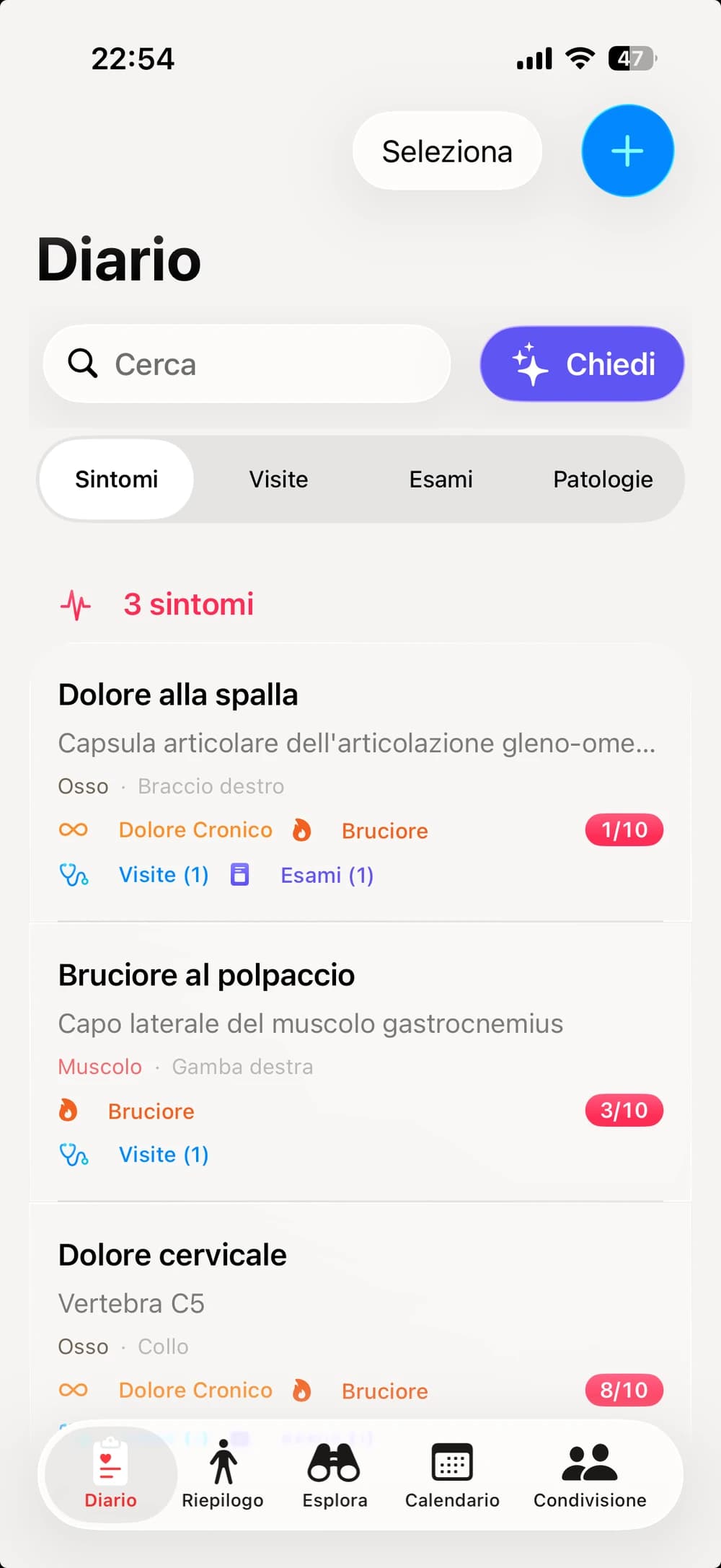 L'elenco del diario clinico di Clino, con sintomi, visite ed esami