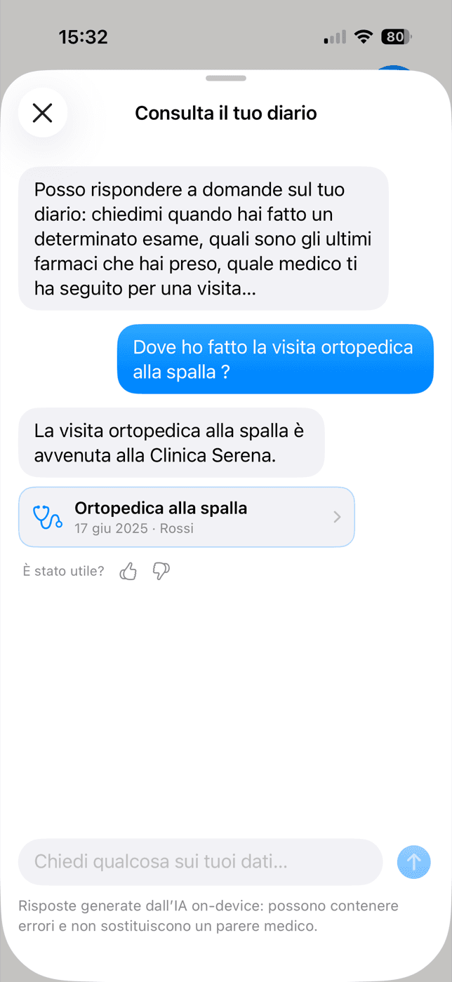 The on-device AI assistant answering a question about the diary