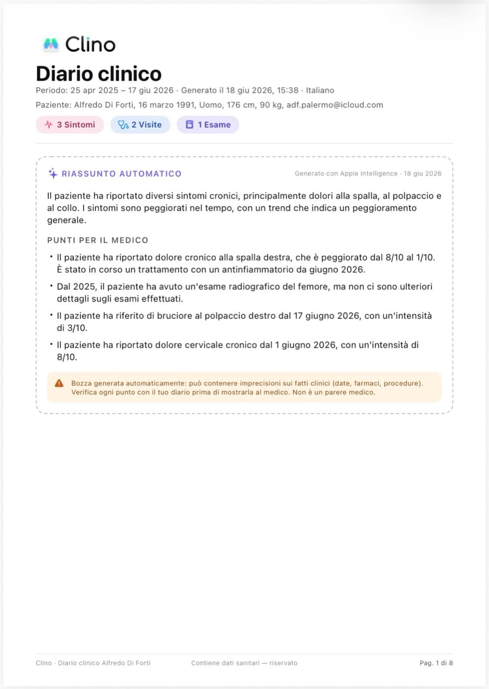 An exported clinical PDF generated by Clino