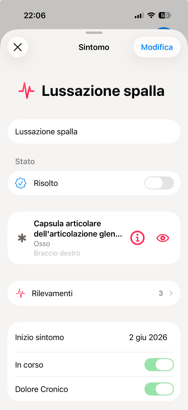A symptom detail screen in Clino