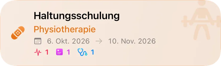 Tagebuchkarte: Therapie „Haltungsschulung“, Physiotherapie vom 6. Oktober bis 10. November 2026