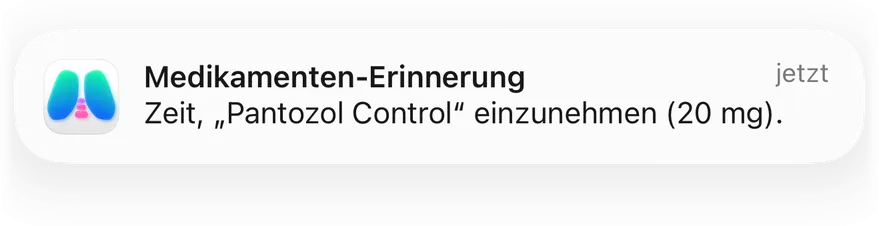 Mitteilung „Medikamenten-Erinnerung“ von Clino: Zeit, die Dosis zu 20 mg einzunehmen