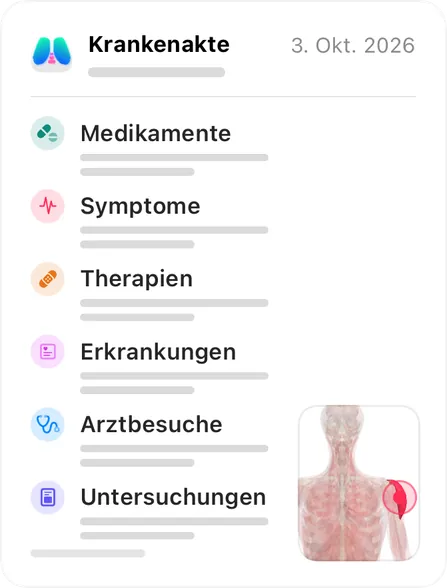 Erste Seite des PDF-Berichts für den Arzt: Krankenakte mit den sechs Kategorien und der Körperkarte