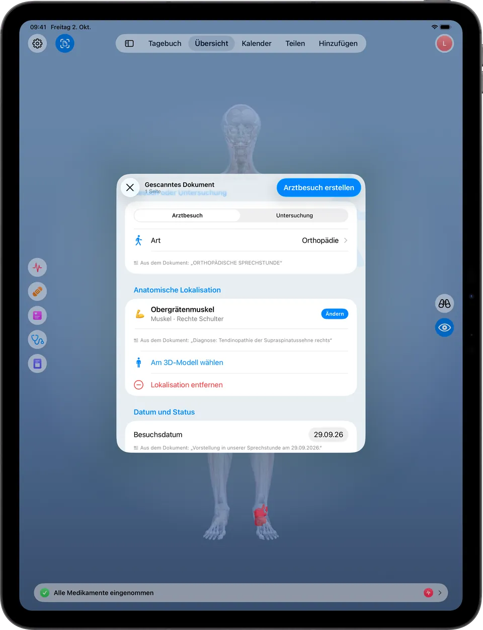 Clino auf dem iPad: Prüfung eines Befunds mit der vorgeschlagenen Körperstelle an der rechten Schulter, vor dem Speichern zu bestätigen