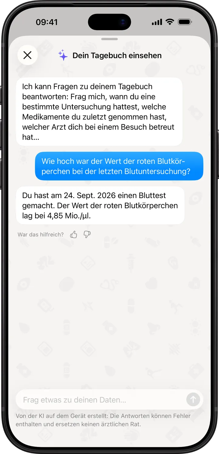 Clino auf dem iPhone: „Fragen“ antwortet mit dem im Tagebuch gespeicherten Wert der roten Blutkörperchen aus dem letzten Bluttest