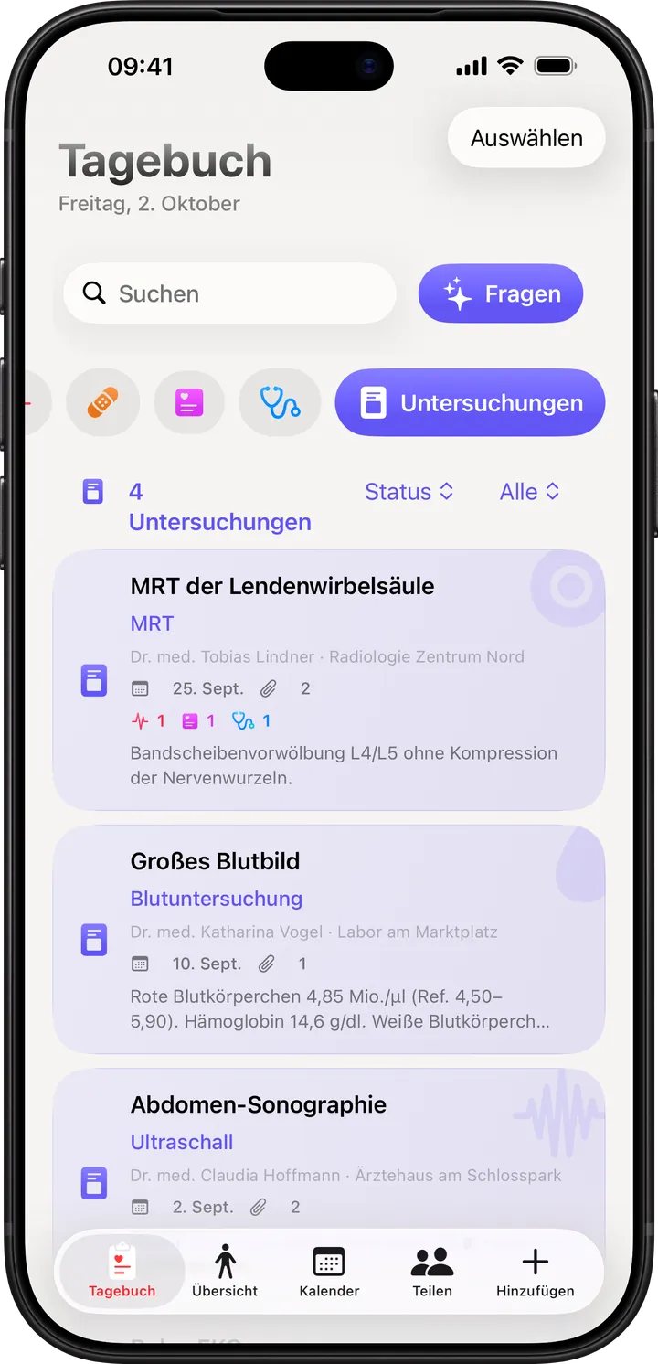 Clino auf dem iPhone: das Tagebuch der Untersuchungen mit MRT, großem Blutbild und Abdomen-Sonographie, Ergebnissen und Anhängen