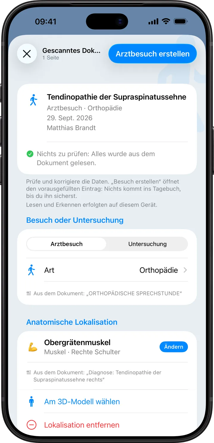 Clino auf dem iPhone: Prüfung eines gescannten Befunds, ein orthopädischer Arztbesuch mit Art, Datum und Körperstelle zur Kontrolle