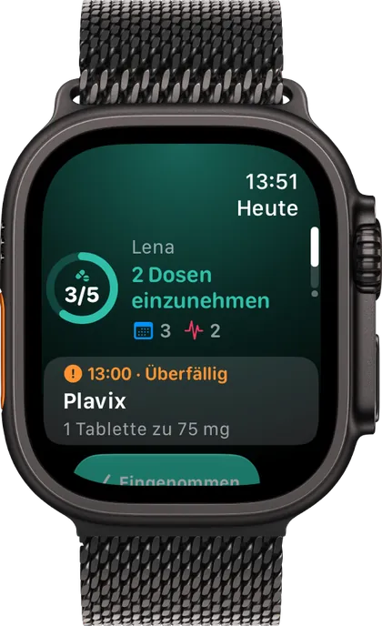 Clino auf der Apple Watch: die Seite Heute mit 3 von 5 Einnahmen und der überfälligen Dosis um 13:00 zum Abhaken