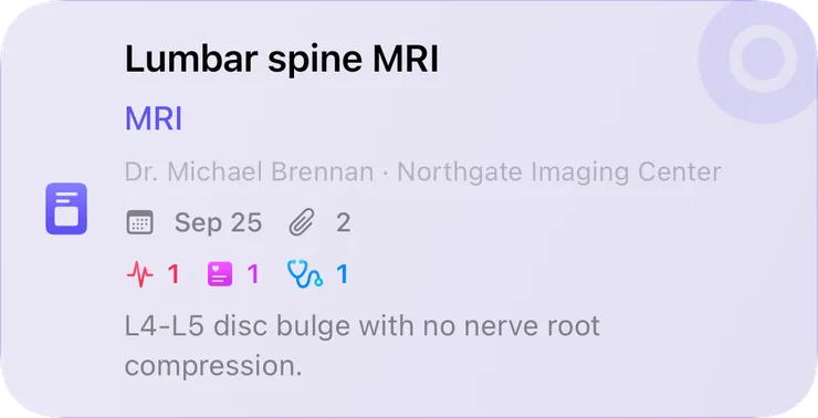 Journal card: exam “Lumbar spine MRI” with two attachments and the result in the notes