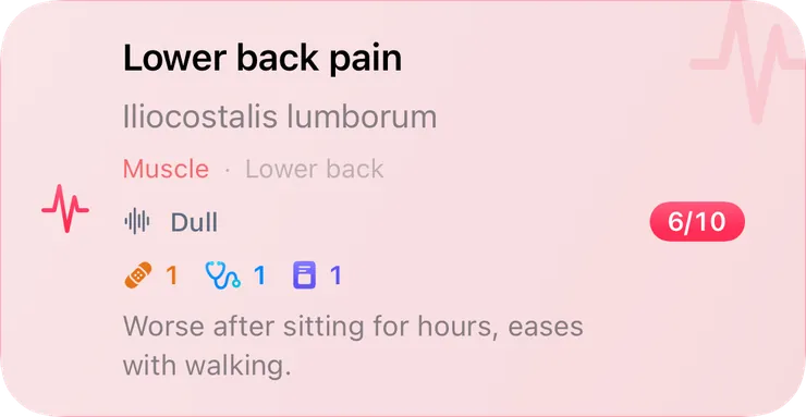 A pain diary entry: “Lower back pain”, intensity 6 out of 10, dull, linked to a therapy, a visit and an exam