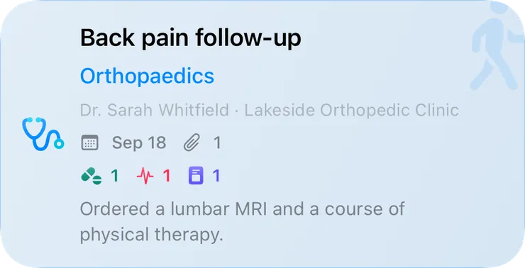 Journal card: orthopedic visit “Back pain follow-up”, with doctor, clinic, one attachment and linked entries