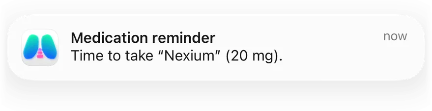 Clino “Medication reminder” notification: it’s time to take a 20 mg dose