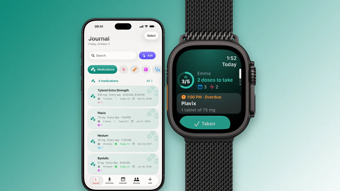 Clino on iPhone and Apple Watch: the same day of medications in the Journal and on the wrist, with 3 of 5 doses