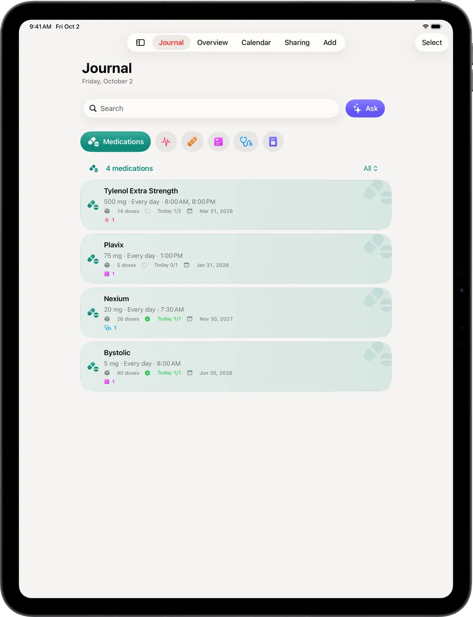 Clino on iPad: the Journal filtered by Medications, with today’s doses, supply and expiry dates