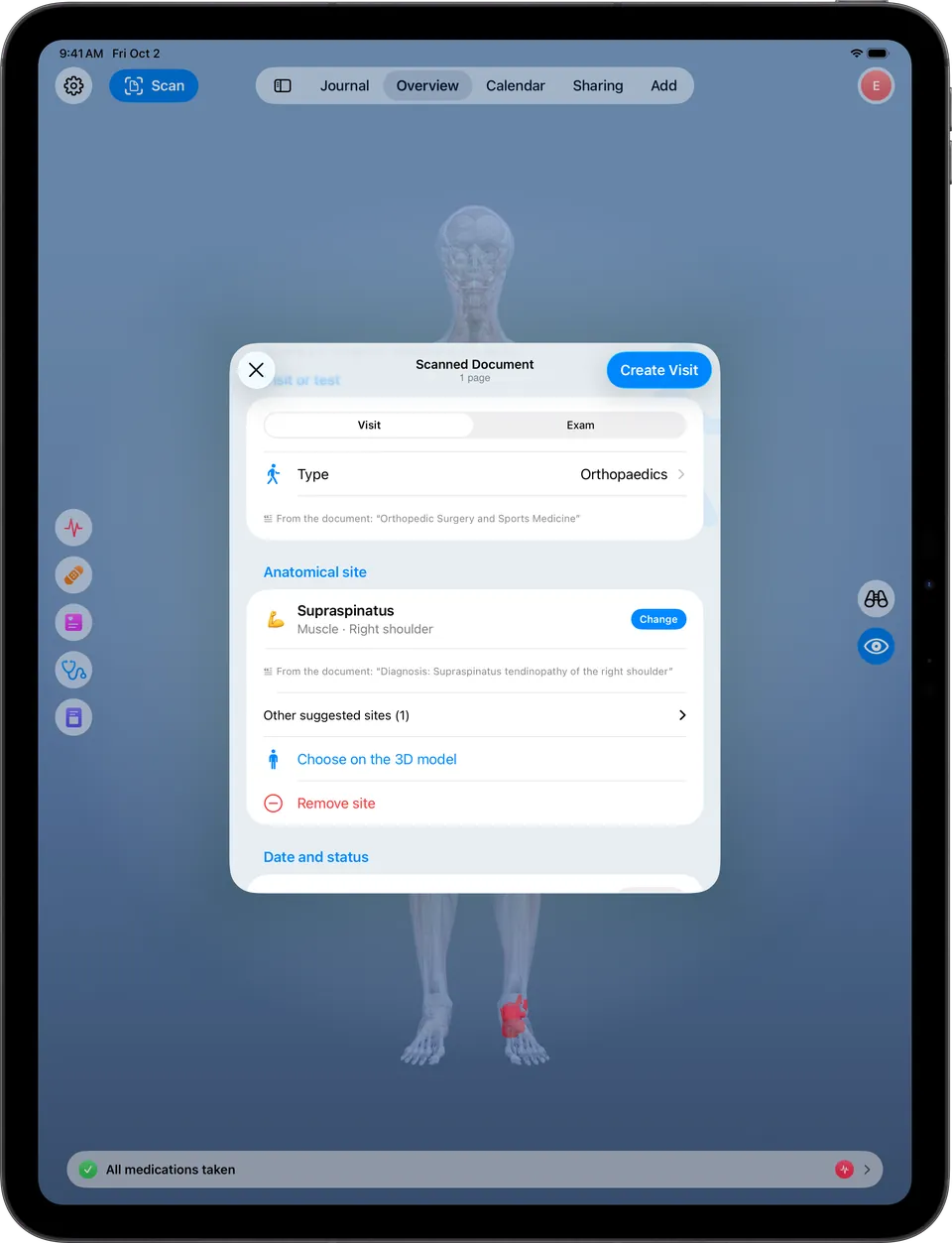 Clino on iPad: reviewing a report with the suggested anatomical site on the right shoulder, to confirm before saving