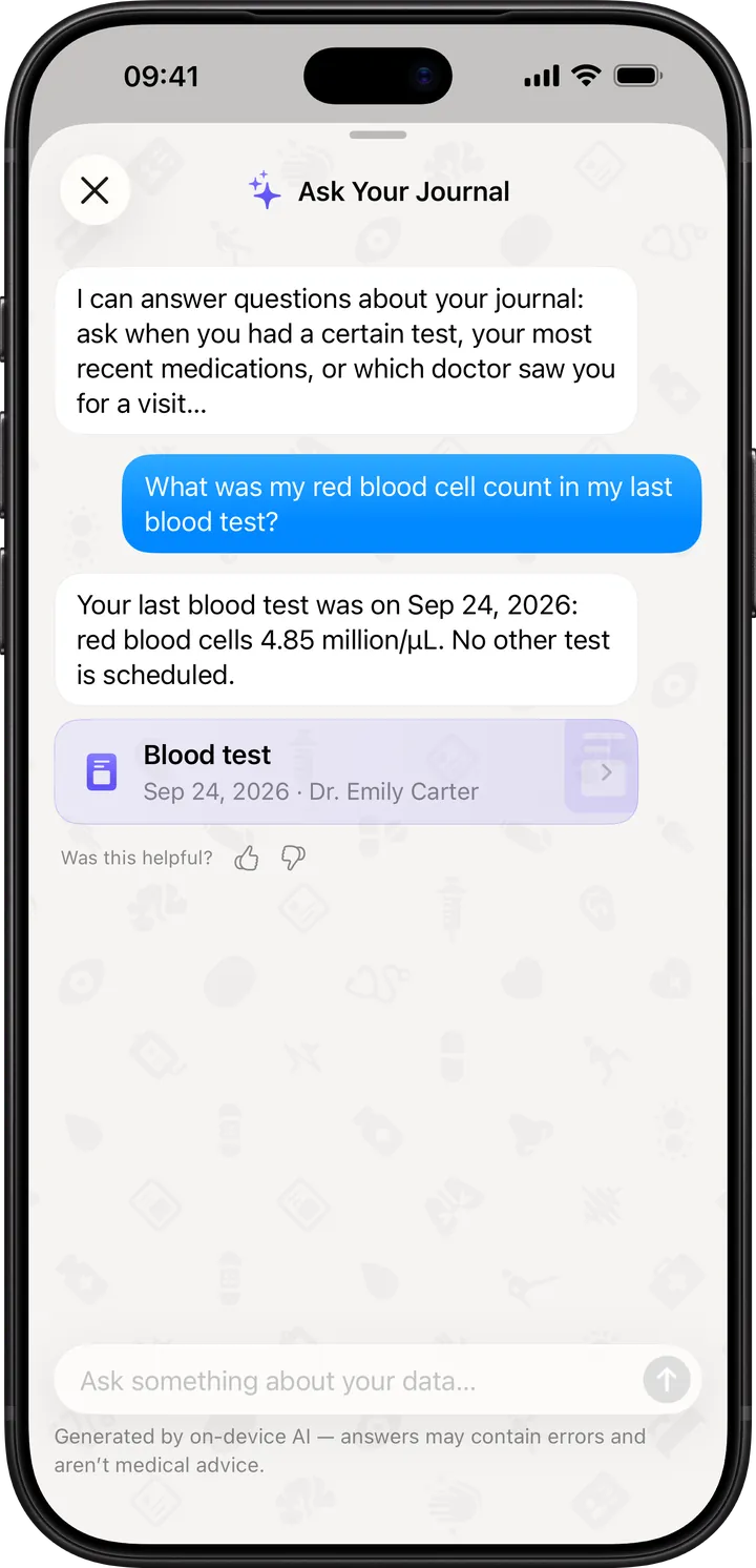Clino on iPhone: Ask answers with the red blood cell count logged in the journal and shows the blood test entry