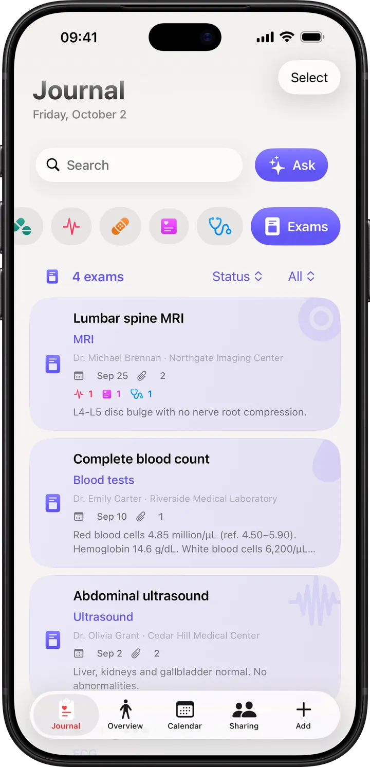 Clino on iPhone: the Journal filtered by Exams, with an MRI, a blood count and an ultrasound, their results and attachments