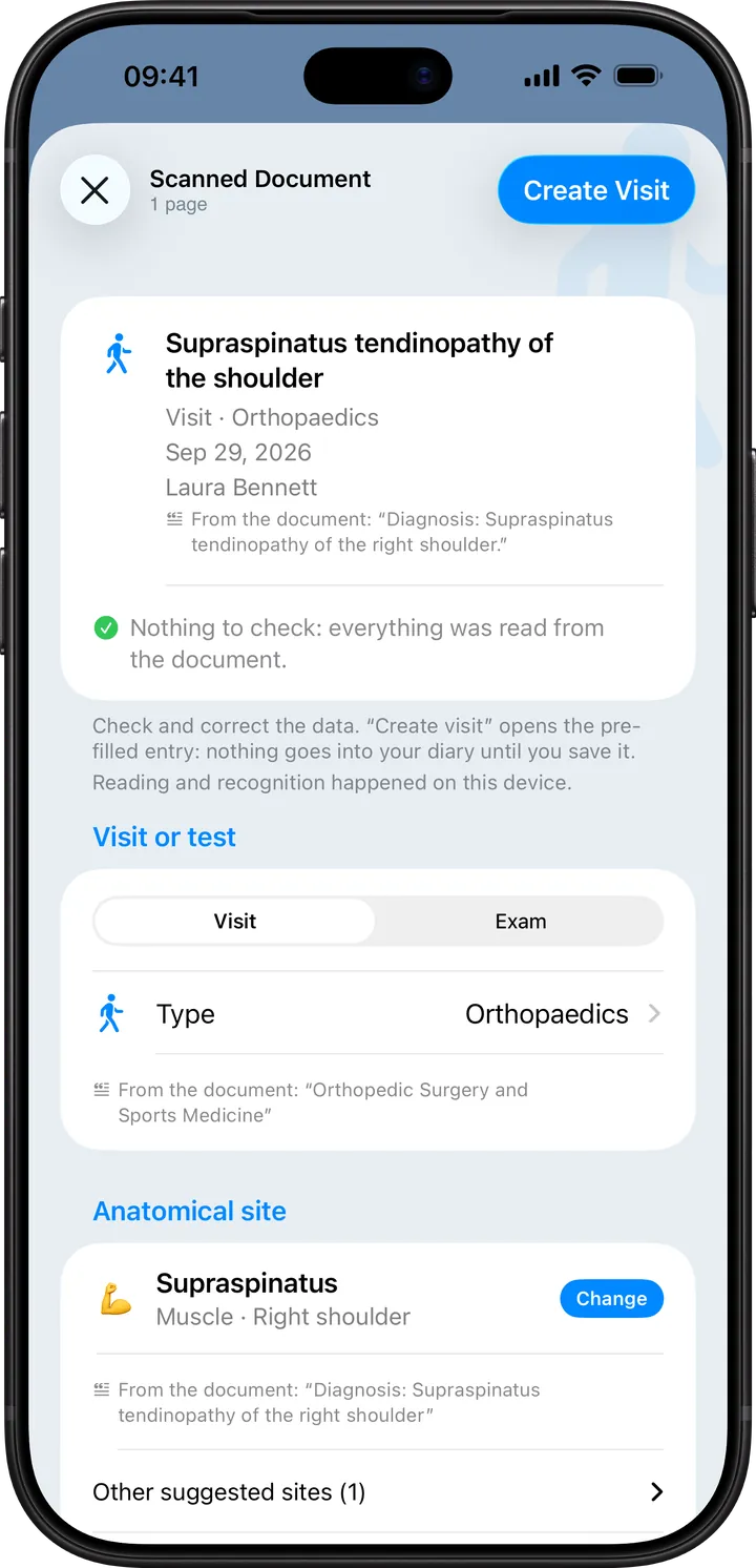 Clino on iPhone: reviewing a scanned report, an orthopedic visit with type, date and anatomical site ready to check