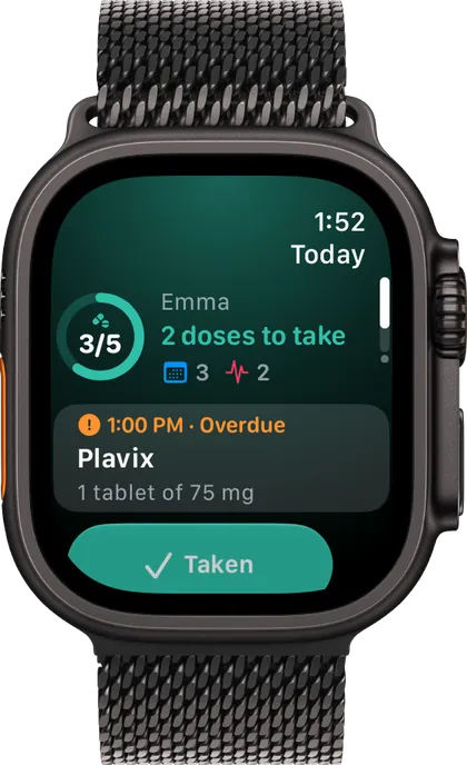 Clino on Apple Watch: the Today page with 3 of 5 doses and the overdue 1 PM dose, ready to mark as taken