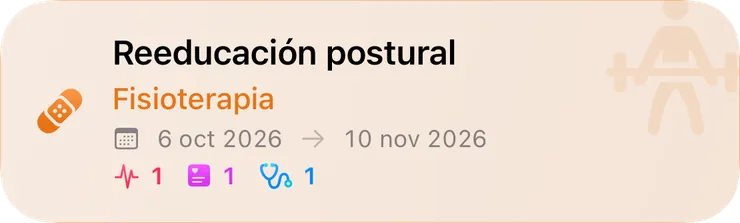 Tarjeta del Diario: terapia «Reeducación postural», fisioterapia del 6 de octubre al 10 de noviembre de 2026