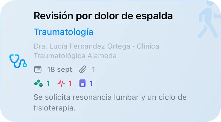 Tarjeta del Diario: visita de traumatología «Revisión por dolor de espalda», con médica, clínica, un adjunto y entradas vinculadas