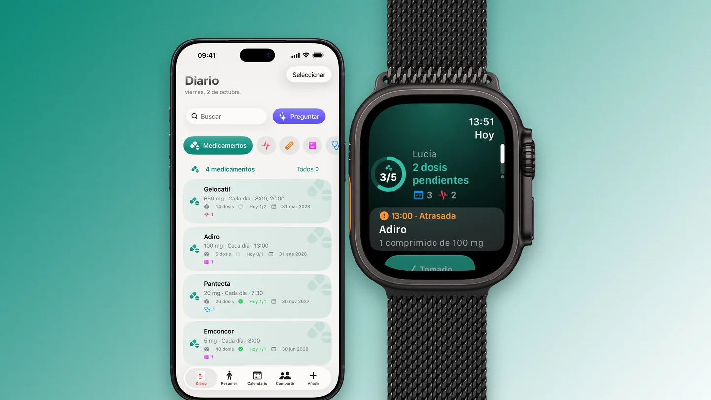 Clino en el iPhone y el Apple Watch: el mismo día de medicamentos en el Diario y en la muñeca, con 3 de 5 dosis