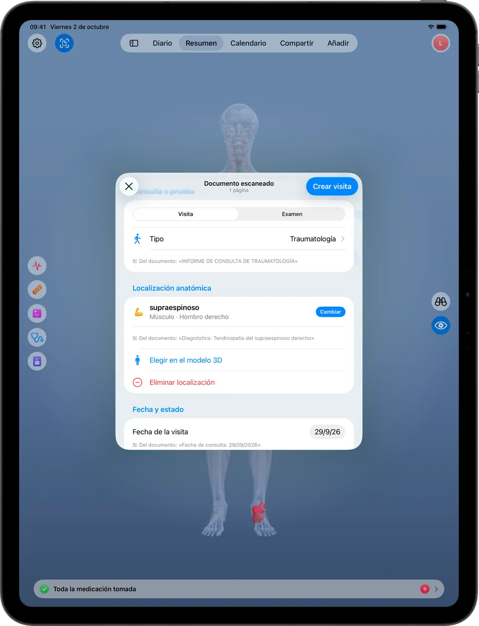 Clino en el iPad: la revisión de un informe con la zona del cuerpo propuesta en el hombro derecho, para confirmar antes de guardar
