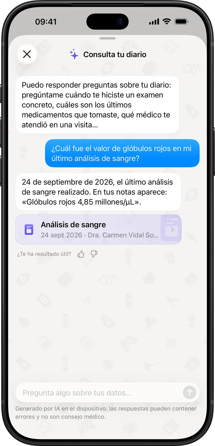 Clino en el iPhone: Preguntar responde con el valor de glóbulos rojos anotado en el diario y muestra la entrada del análisis