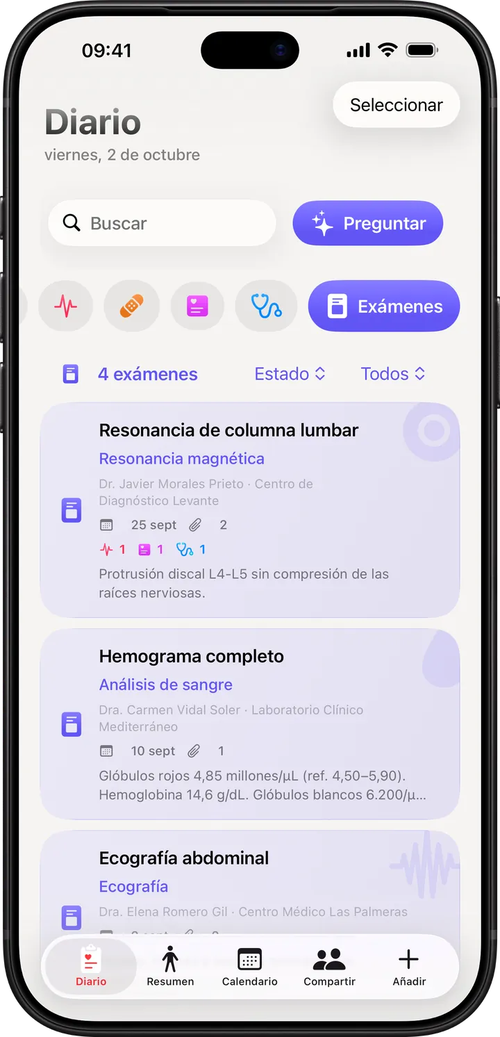 Clino en el iPhone: el Diario de exámenes, con resonancia, hemograma completo y ecografía, sus resultados y adjuntos