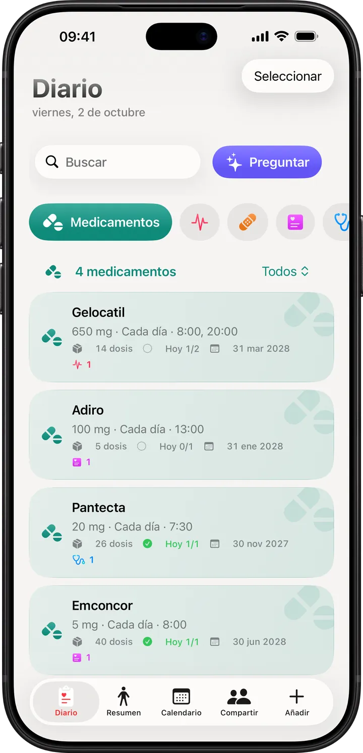 Clino en el iPhone: el Diario en Medicamentos, tu botiquín con las dosis de hoy, las existencias y la caducidad de cuatro medicamentos