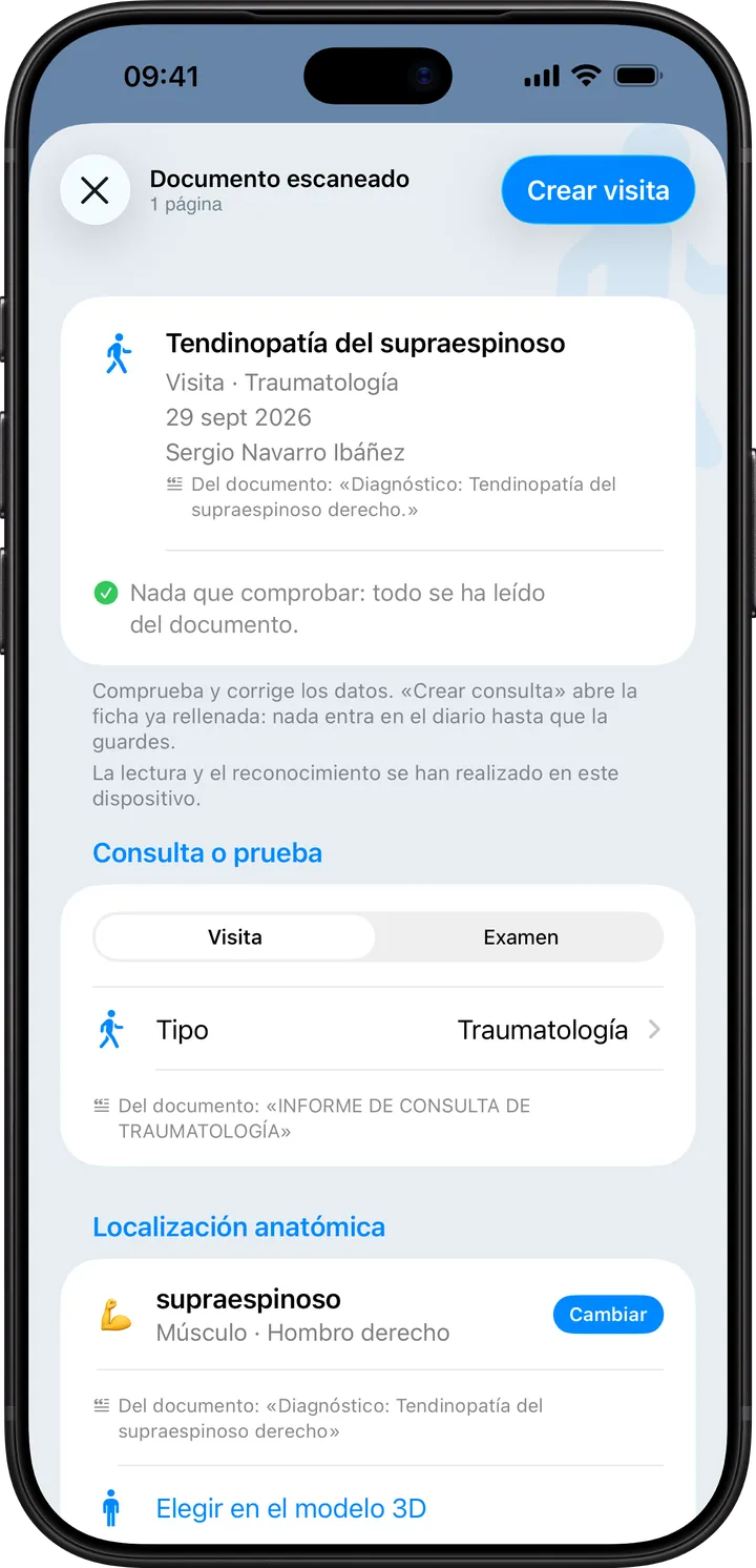 Clino en el iPhone: «Documento escaneado» propone una visita de traumatología con tipo, fecha y zona del cuerpo leídos del informe