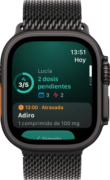 Clino en el Apple Watch: la página Hoy con 3 de 5 dosis y la de las 13:00, atrasada, para marcar como tomada