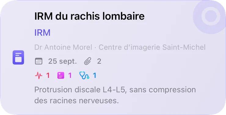 Fiche du Journal : examen « IRM du rachis lombaire » avec deux pièces jointes et le résultat dans les notes