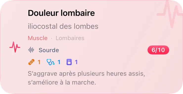 Une fiche du journal de la douleur : « Douleur lombaire », intensité 6 sur 10, sourde, reliée à une thérapie, une consultation et un examen