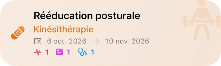 Fiche du Journal : thérapie « Rééducation posturale », kinésithérapie du 6 octobre au 10 novembre 2026