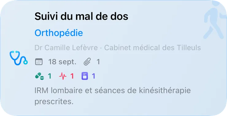 Fiche du Journal : consultation d’orthopédie « Suivi du mal de dos », avec médecin, cabinet, une pièce jointe et fiches liées