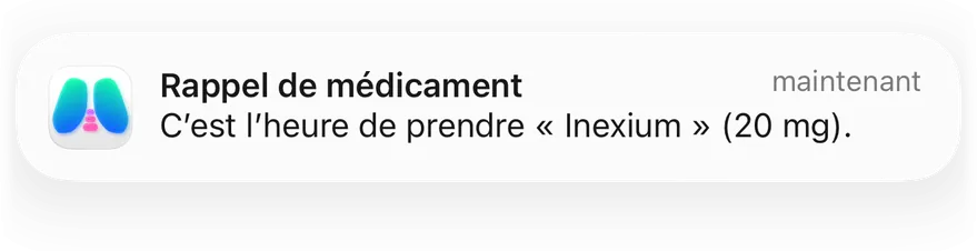 Notification « Rappel de médicament » de Clino : c’est l’heure de prendre la dose de 20 mg