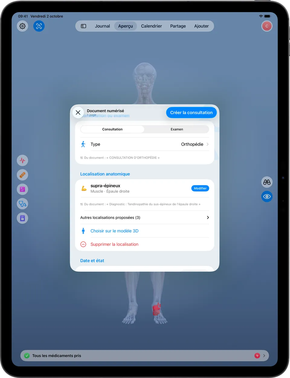 Clino sur iPad : la vérification d’un compte rendu avec la zone anatomique proposée sur l’épaule droite, à confirmer