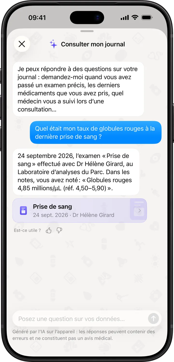Clino sur iPhone : Demander répond avec le taux de globules rouges noté dans le journal et affiche la fiche de l’analyse