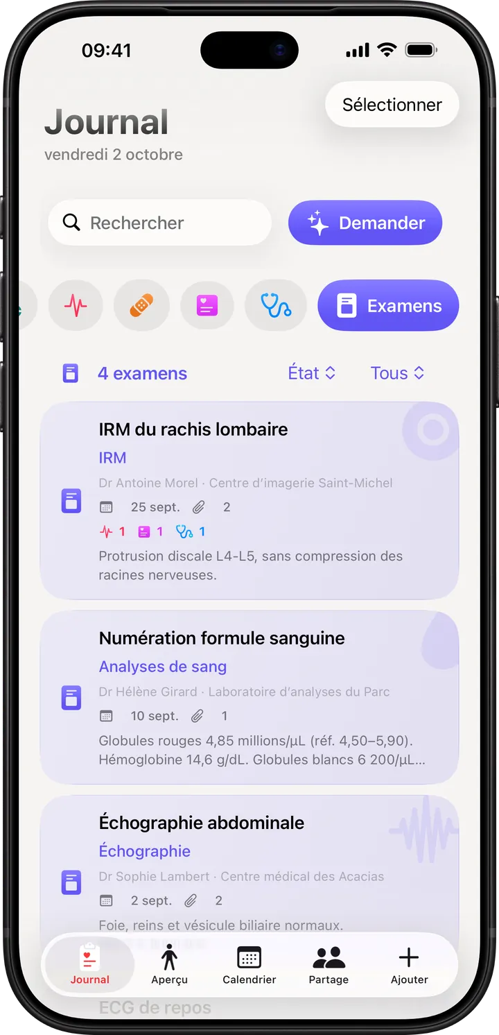 Clino sur iPhone : le Journal des examens, avec IRM, numération formule sanguine et échographie, résultats et pièces jointes