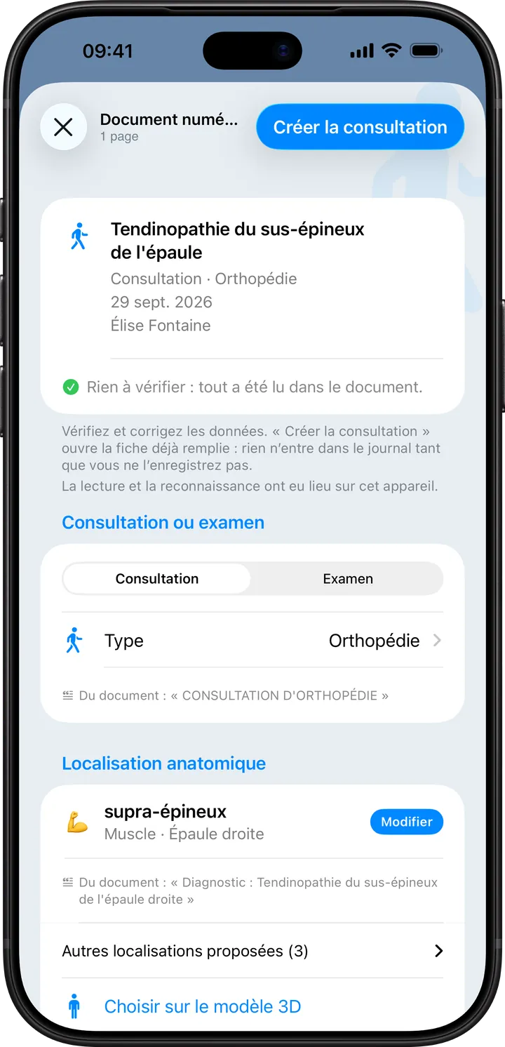 Clino sur iPhone : la vérification d’un compte rendu numérisé, une consultation d’orthopédie avec type, date et zone à contrôler