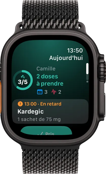 Clino sur Apple Watch : la page Aujourd’hui avec 3 prises sur 5 et celle de 13 h, en retard, à marquer comme prise