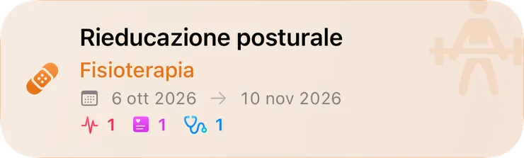 Card del Diario: terapia «Rieducazione posturale», fisioterapia dal 6 ottobre al 10 novembre 2026
