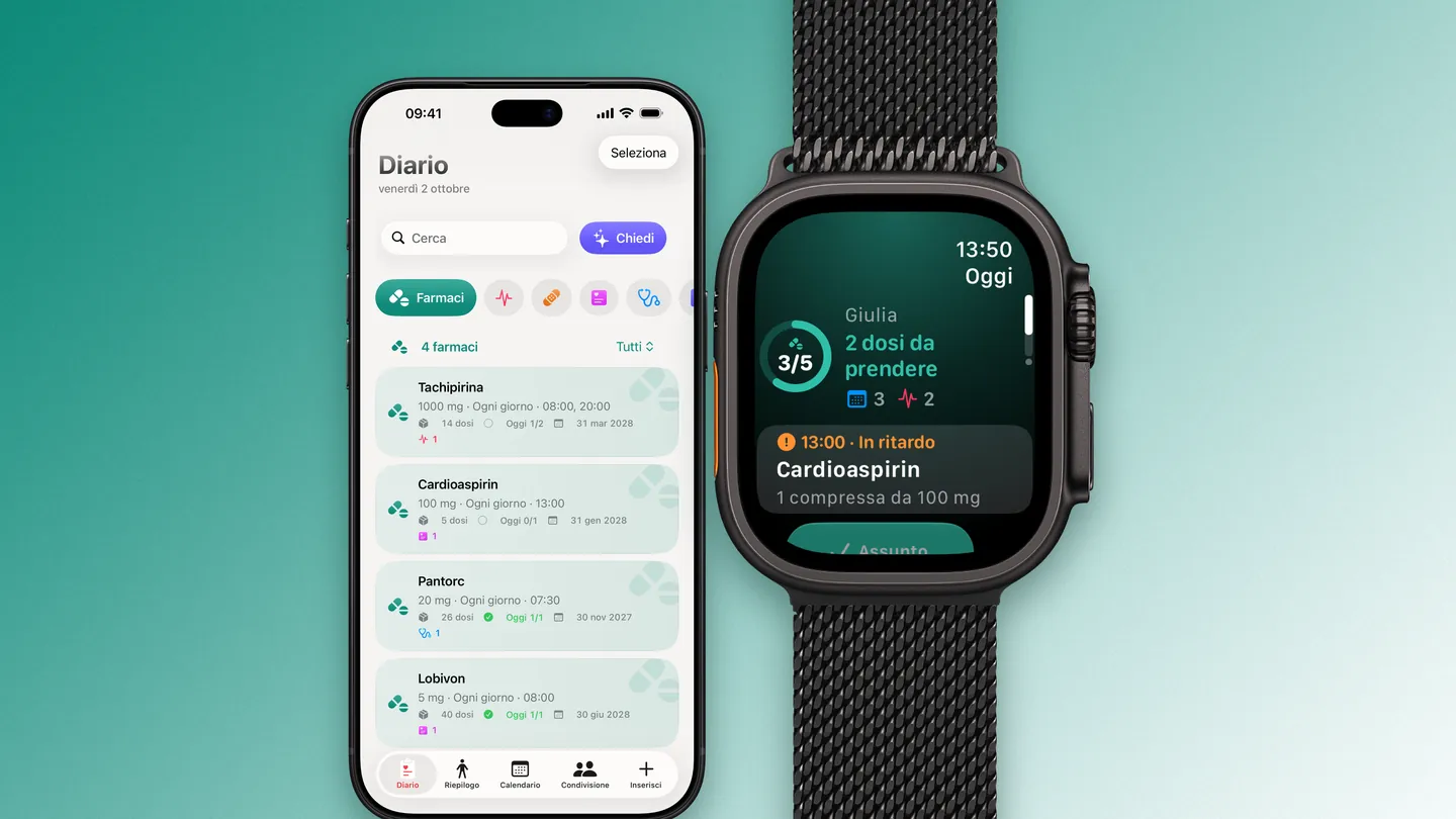 Clino su iPhone e Apple Watch: la stessa giornata di farmaci nel Diario e al polso, con 3 dosi su 5