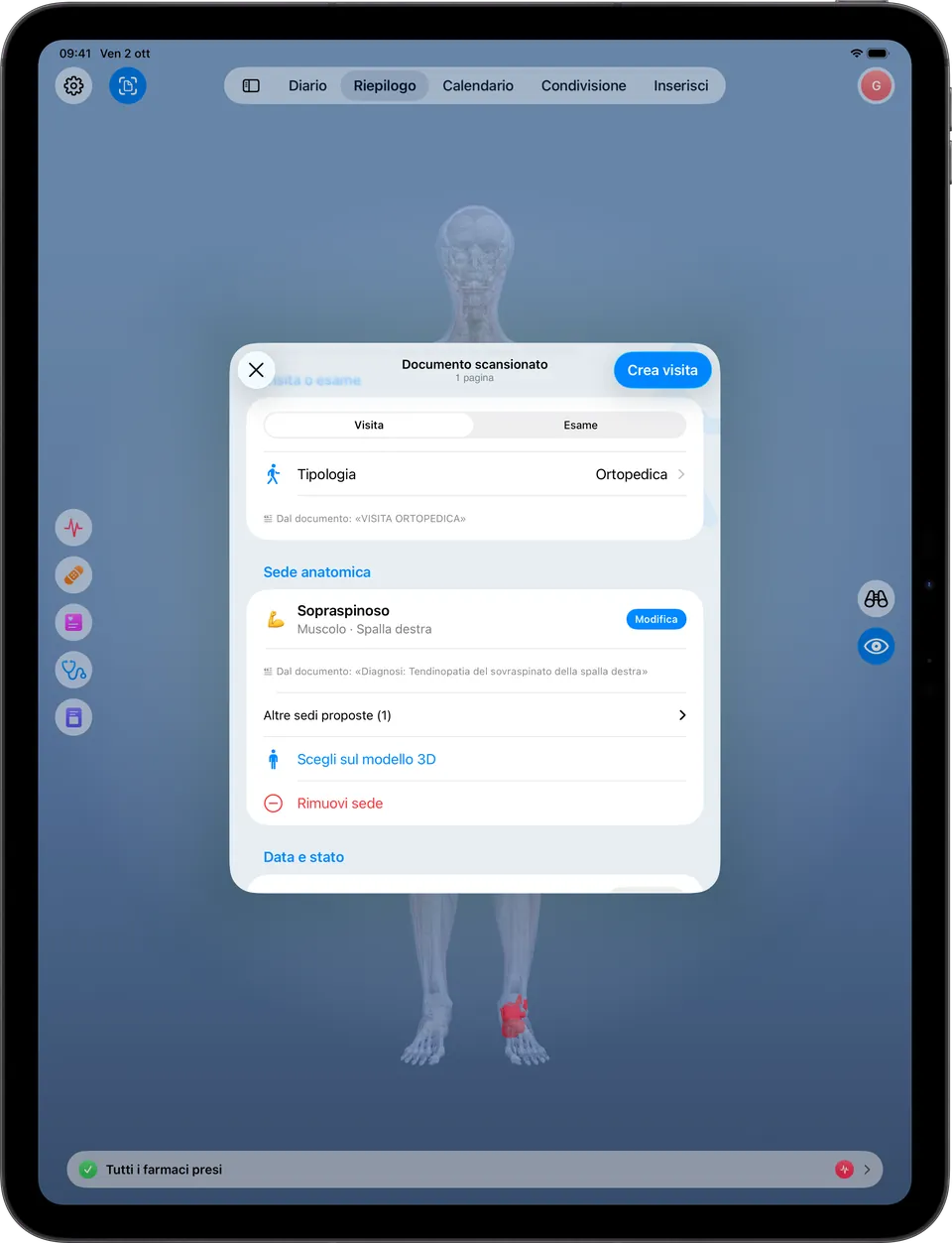 Clino su iPad: la revisione di un referto con la sede anatomica proposta sulla spalla destra, da confermare prima di salvare