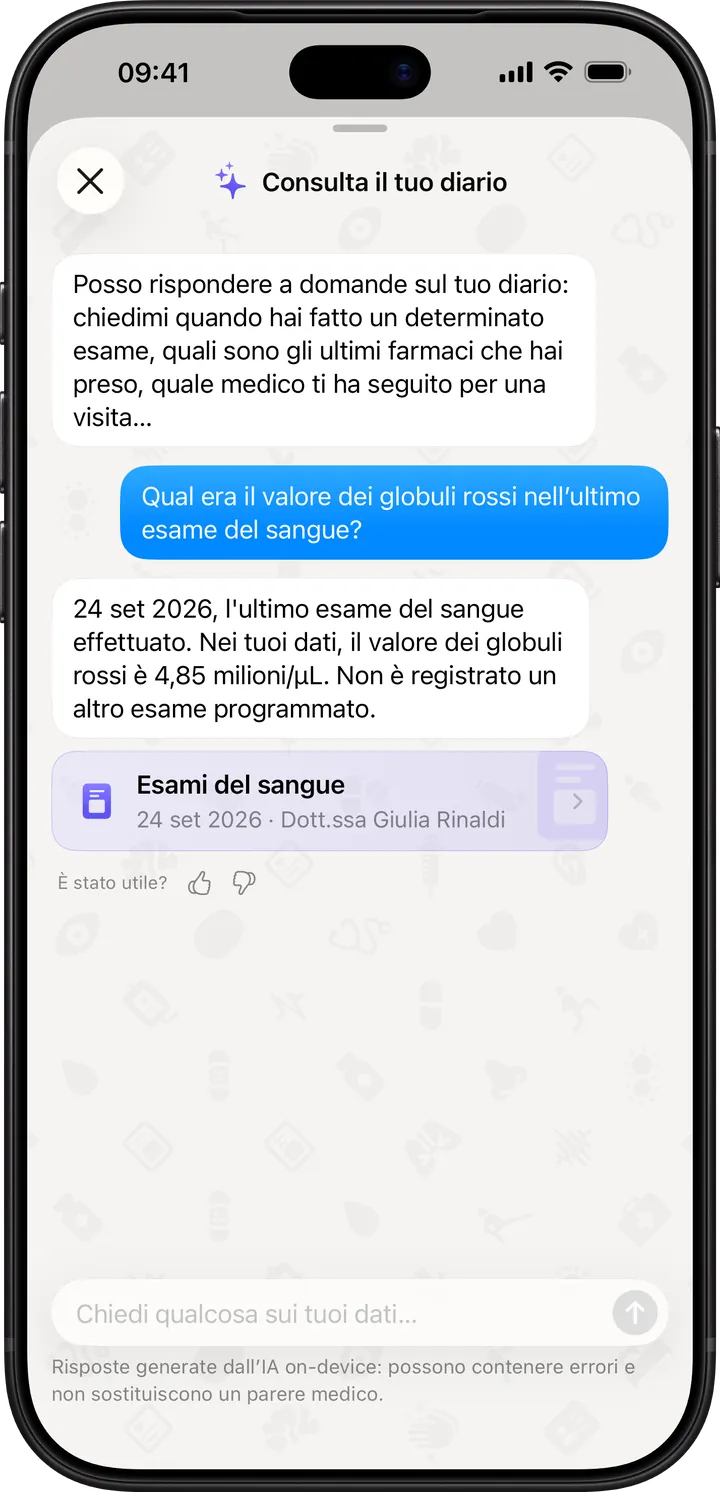 Clino su iPhone: «Chiedi» risponde con il valore dei globuli rossi registrato nel diario e mostra la voce dell’esame del sangue