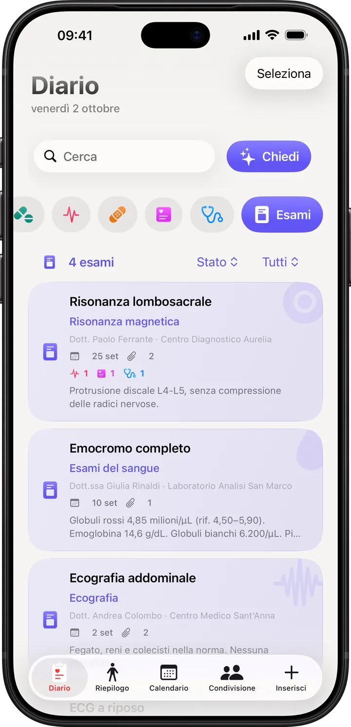 Clino su iPhone: il Diario sugli Esami, con risonanza, emocromo ed ecografia, i loro esiti e gli allegati