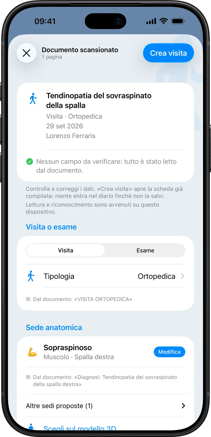 Clino su iPhone: la revisione di un referto scansionato, una visita ortopedica con tipologia, data e sede anatomica da controllare